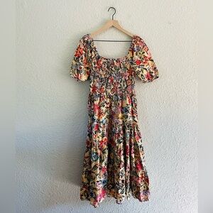 Vibrant Floral Puff Sleeve Smocked Tiered Midi Dress S/M